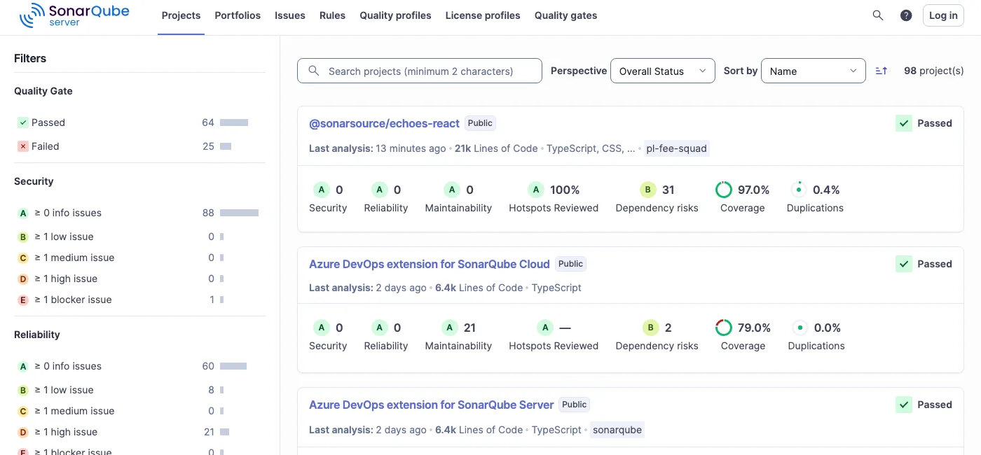 SonarQube Server projects dashboard showing 98 projects with quality gate status, security ratings, reliability scores, maintainability metrics, coverage percentages, and dependency risk indicators