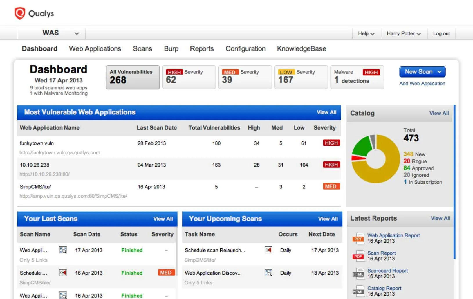 Qualys WAS dashboard showing 268 total vulnerabilities across 9 scanned web applications broken down by high, medium, and low severity