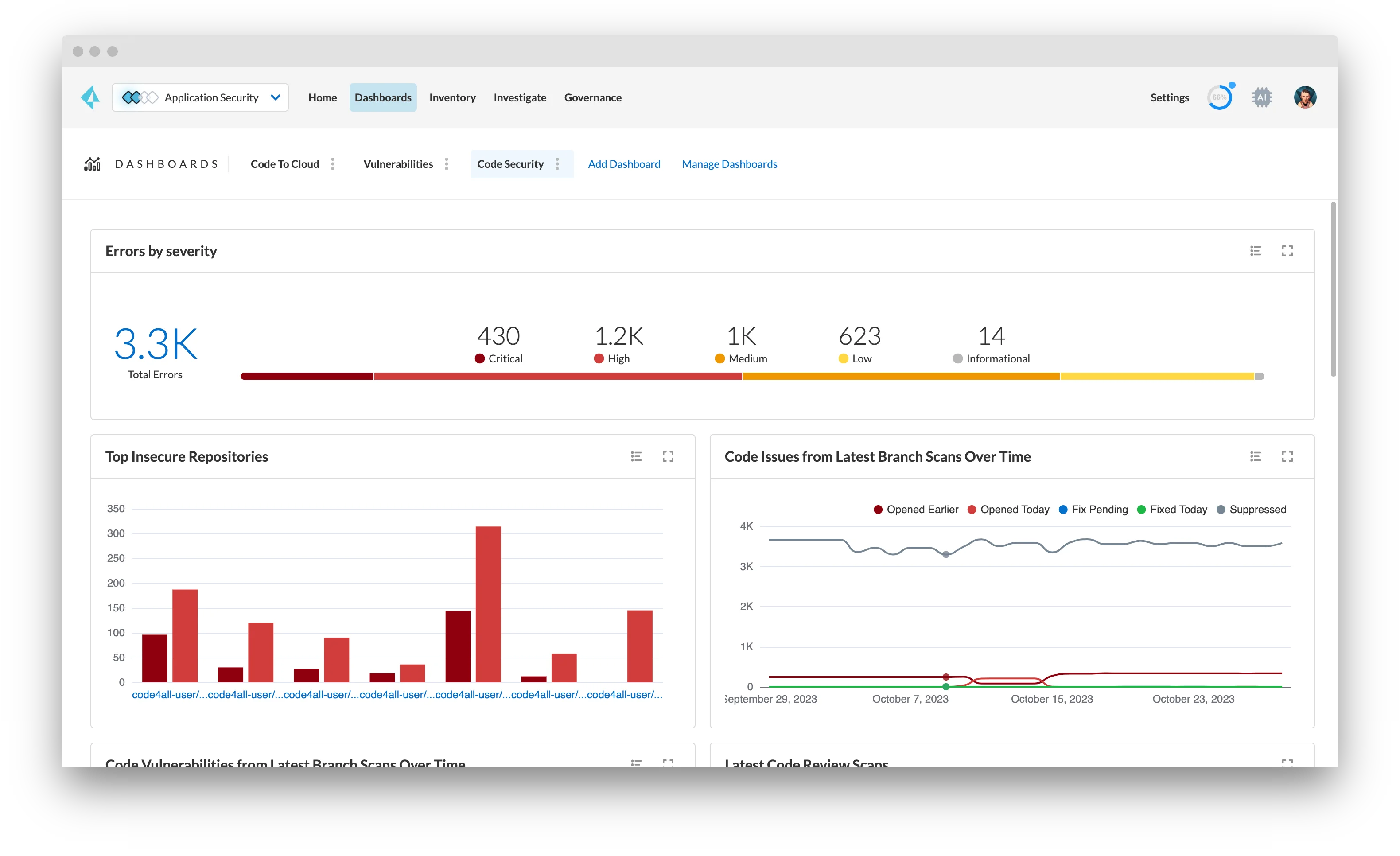 Checkov dashboard showing IaC scan errors by severity with 3.3K total findings across critical, high, medium, and low categories