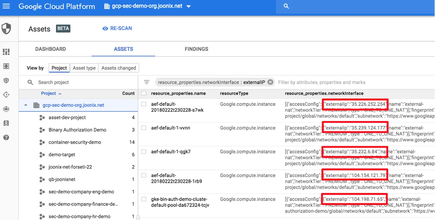 GCP Security Command Center console showing asset inventory and findings panel with resource properties and attribute filters