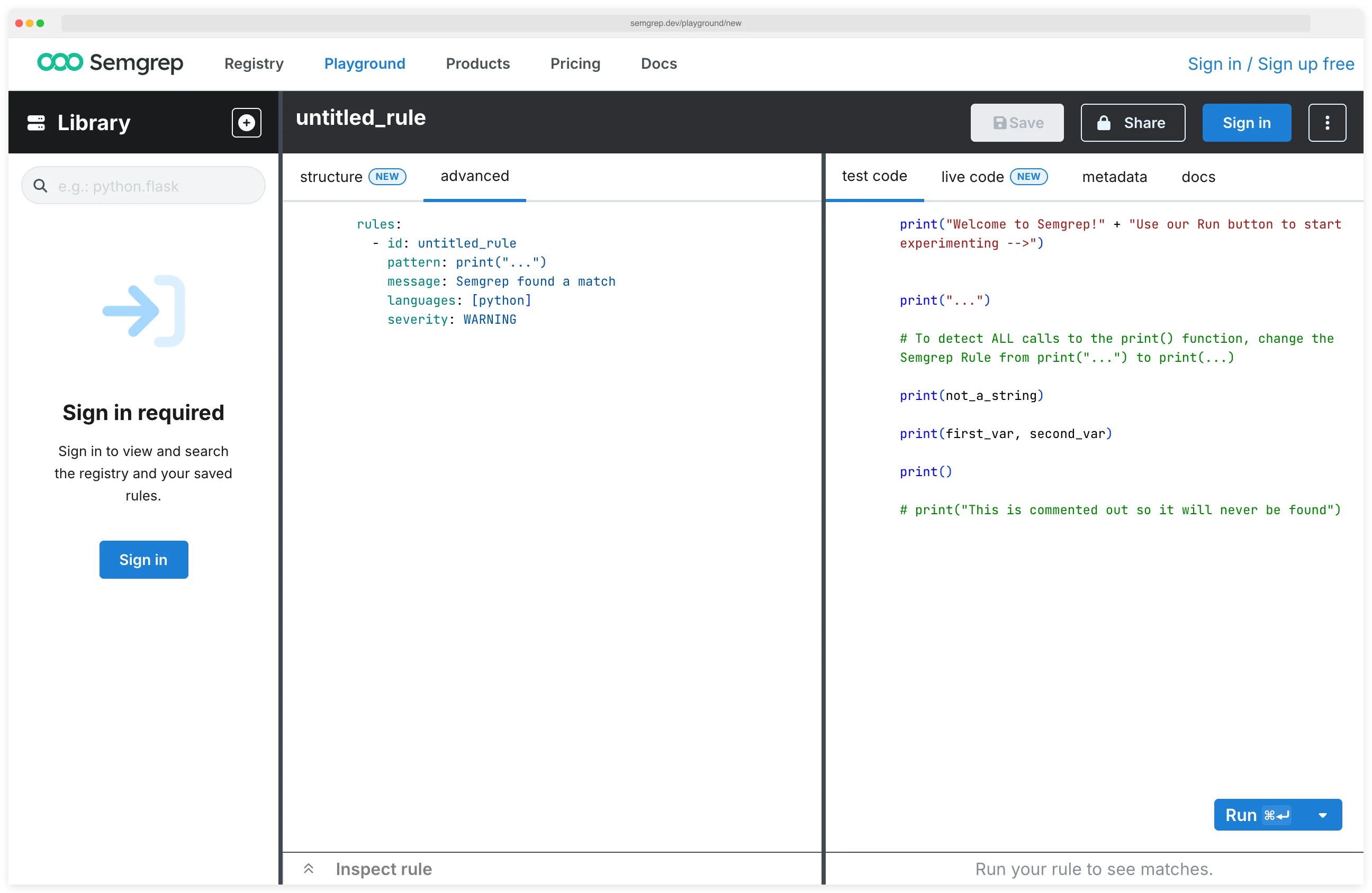 Semgrep Playground rule editor showing a Python pattern rule with id, pattern print syntax, message, and severity, plus a live test-code panel previewing matches