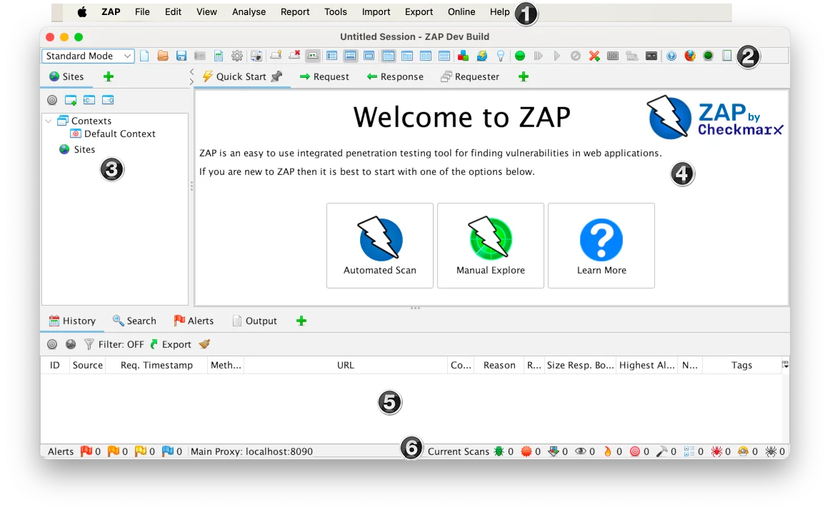 OWASP ZAP desktop interface showing the Automated Scan and Manual Explore modes
