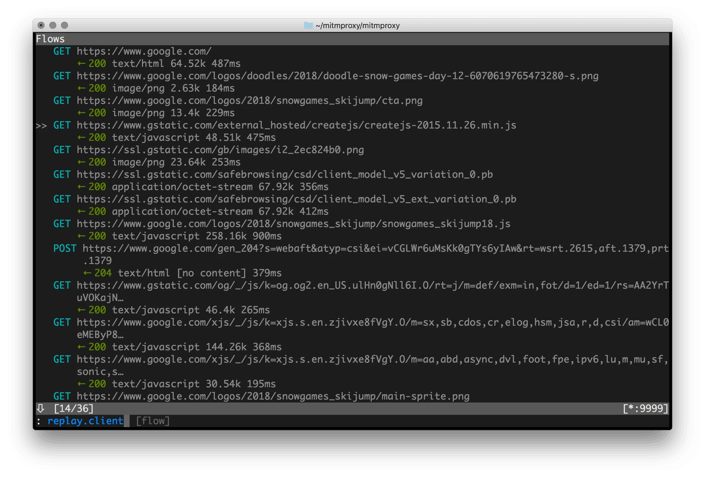 mitmproxy terminal interface showing intercepted HTTPS flows with request methods, URLs, response codes, and sizes