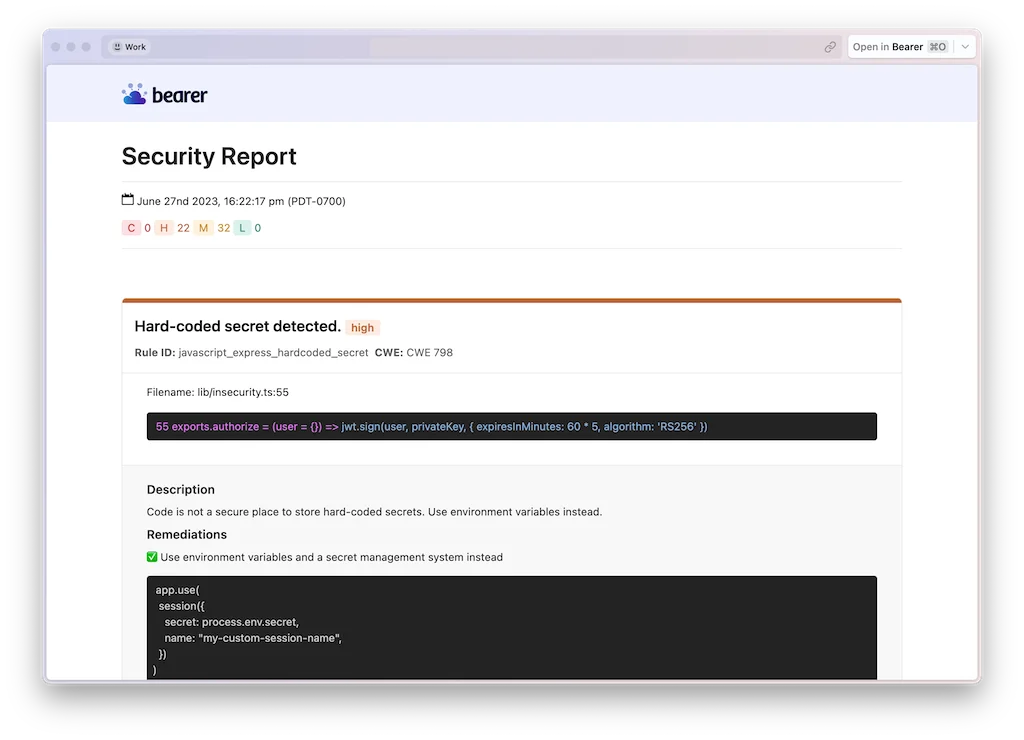 Bearer CLI Security Report showing a high-severity hardcoded secret finding with CWE-798 mapping and remediation guidance