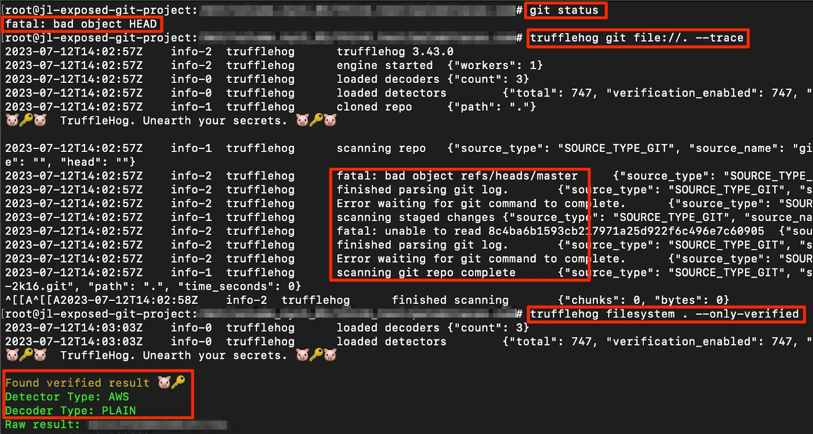 TruffleHog v3.43.0 terminal output from trufflehog git and trufflehog filesystem scans, log lines showing loaded detectors total 747 and verification_enabled 747, with a Found verified result entry for an AWS key highlighted at the bottom