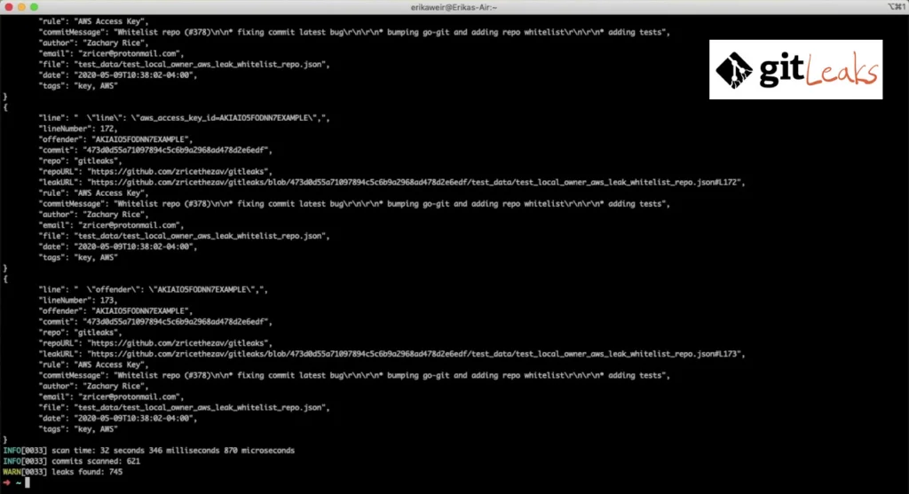 Gitleaks CLI output from a real scan showing AWS Access Key findings across multiple commits with rule IDs, file paths, commit hashes, and a 