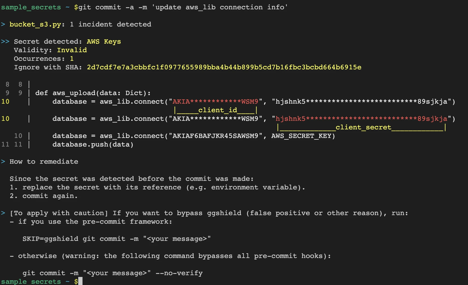 ggshield blocking a git commit after detecting an AWS key pair in bucket_s3.py with validity, occurrence count, and remediation guidance