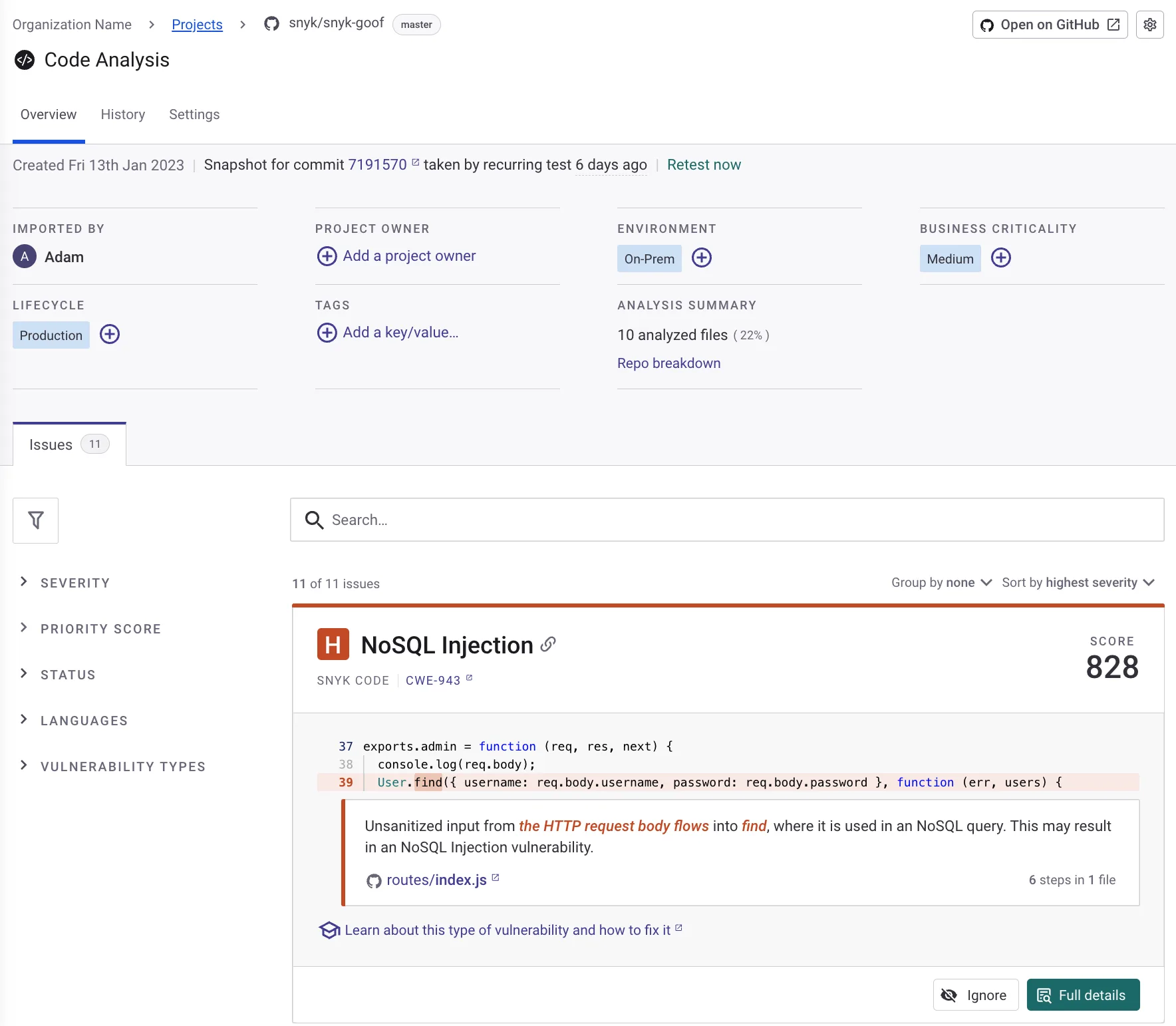 Snyk Code vulnerability analysis dashboard showing NoSQL Injection finding with data flow trace and priority score