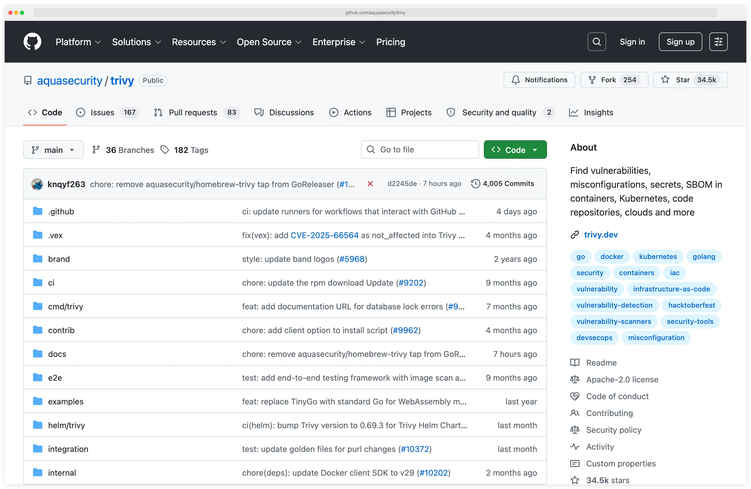 Trivy GitHub repository showing 32k+ stars and Apache-2.0 license for the open-source container security scanner