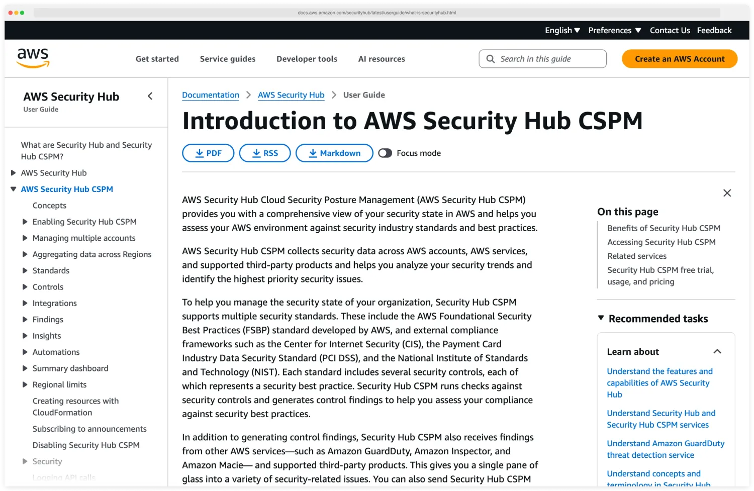 AWS Security Hub CSPM documentation page showing the Introduction to AWS Security Hub CSPM, listing supported standards including the AWS Foundational Security Best Practices (FSBP), CIS, PCI DSS, and NIST, plus integrations with GuardDuty, Inspector, and Macie