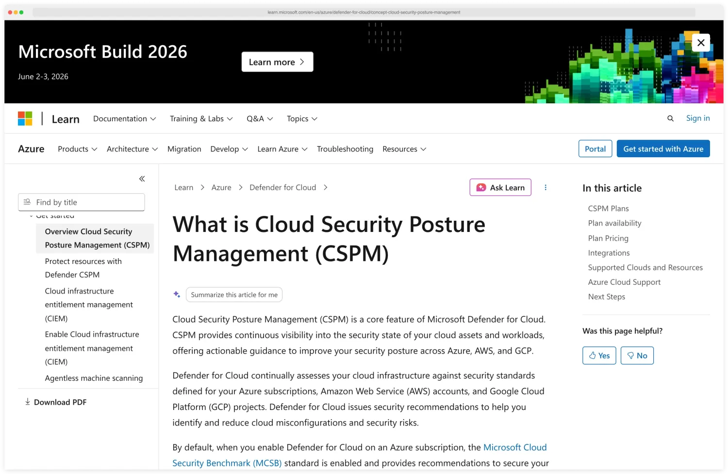 Microsoft Learn documentation page titled What is Cloud Security Posture Management (CSPM) describing Defender for Cloud as a core feature with continuous visibility into the security state of Azure, AWS, and GCP cloud assets, plus actionable guidance against the Microsoft Cloud Security Benchmark