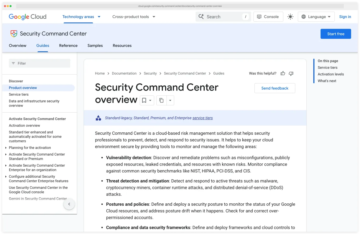 Google Cloud Security Command Center overview documentation page describing it as a cloud-based risk management solution for vulnerability detection, threat detection and mitigation, postures and policies, and compliance frameworks like NIST, HIPAA, PCI-DSS, and CIS, with Standard, Premium, and Enterprise service tiers
