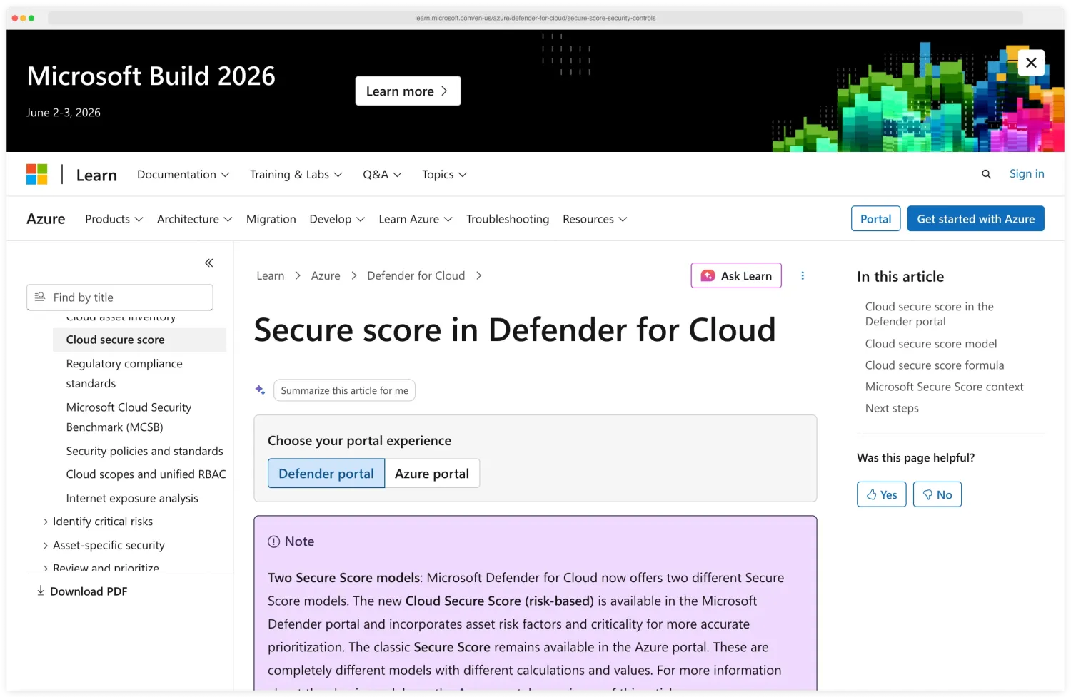 Microsoft Defender for Cloud Secure Score documentation page showing the Cloud Secure Score risk-based model alongside the classic Secure Score, with the Defender portal experience selector and the article navigation listing Cloud secure score model, formula, and Microsoft Secure Score context — a real example of the policy-library-and-drift CSPM scoring UI
