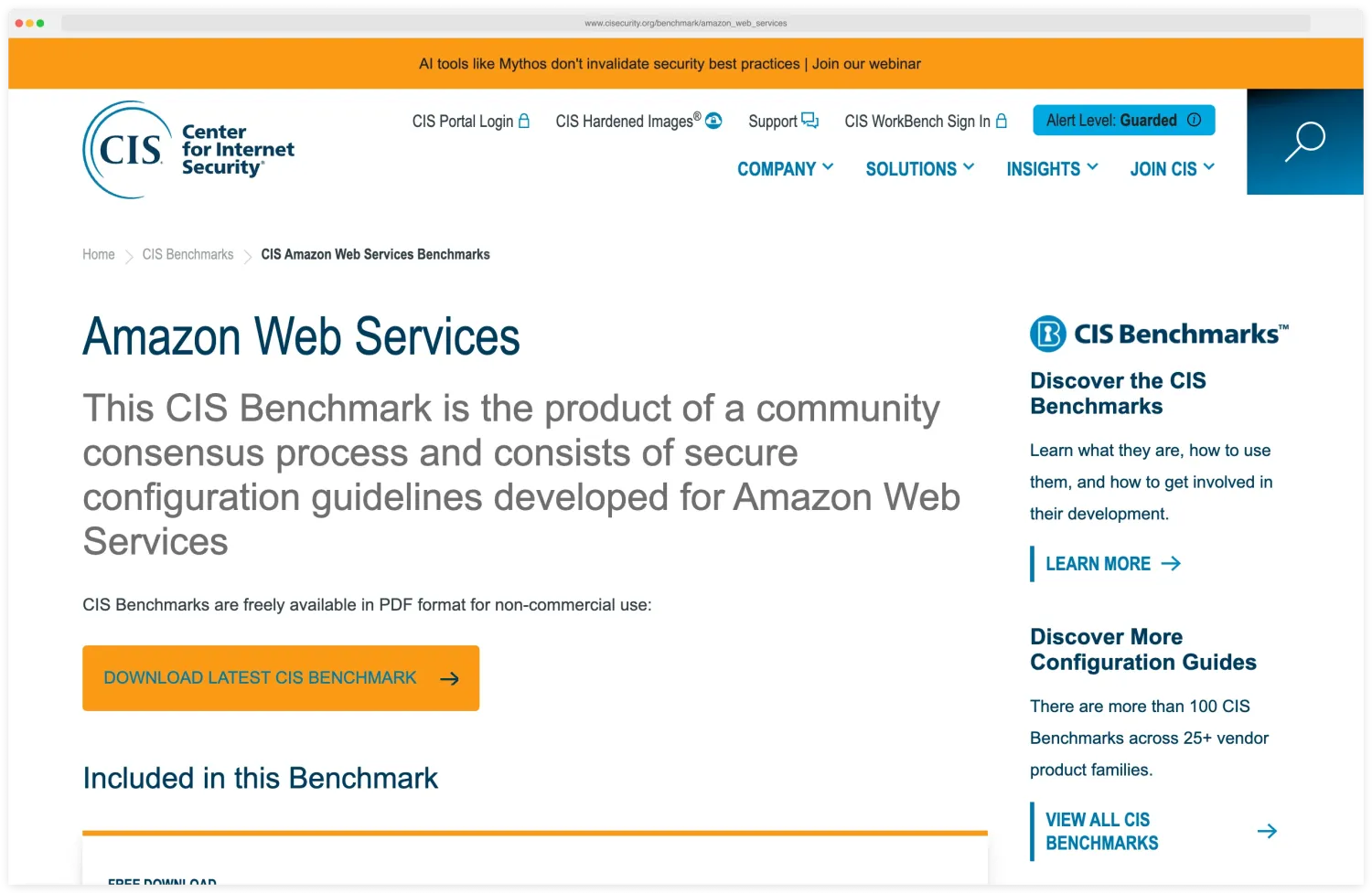 Center for Internet Security CIS Amazon Web Services Benchmark page describing the community-consensus secure configuration guidelines available as a free PDF, with a Download Latest CIS Benchmark button and a sidebar offering more than 100 CIS Benchmarks across 25-plus vendor product families