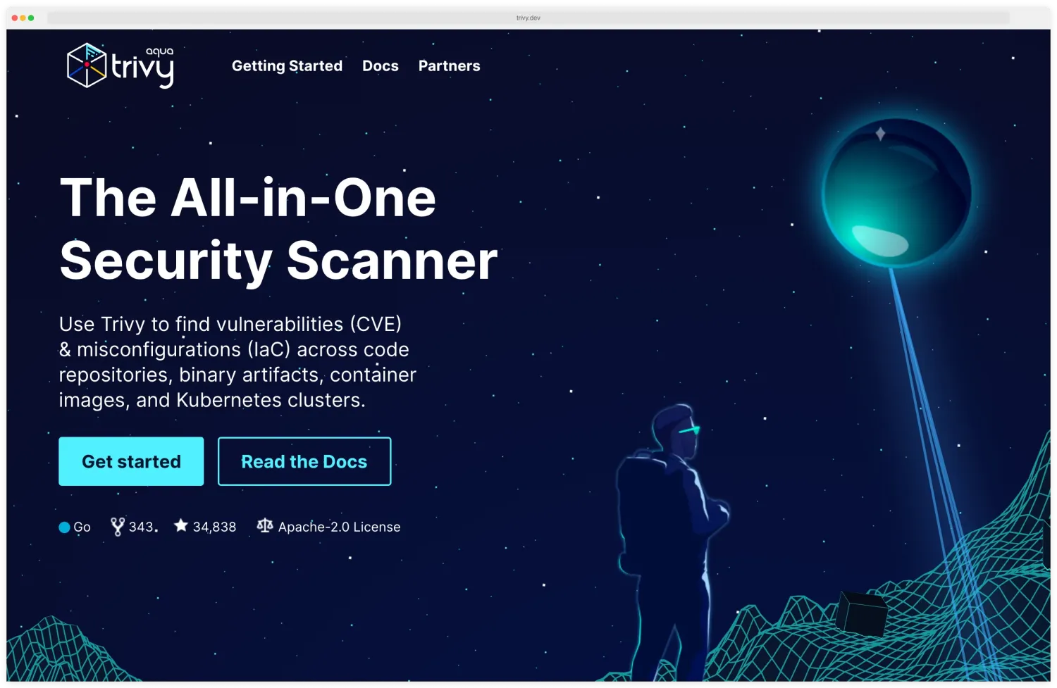 Trivy landing page describing the all-in-one security scanner that finds vulnerabilities (CVE) and misconfigurations (IaC) across code repositories, binary artifacts, container images, and Kubernetes clusters — the kind of inside-the-workload scope CSPM cannot reach