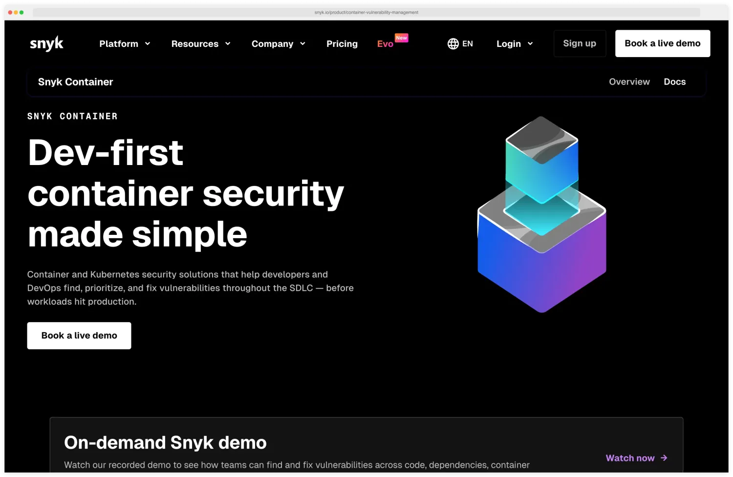 Snyk Container product page with the headline Dev-first container security made simple describing how Snyk helps developers find, prioritize, and fix vulnerabilities throughout the SDLC before workloads hit production — Pattern 6 vendor identity proof for the workload-protection layer