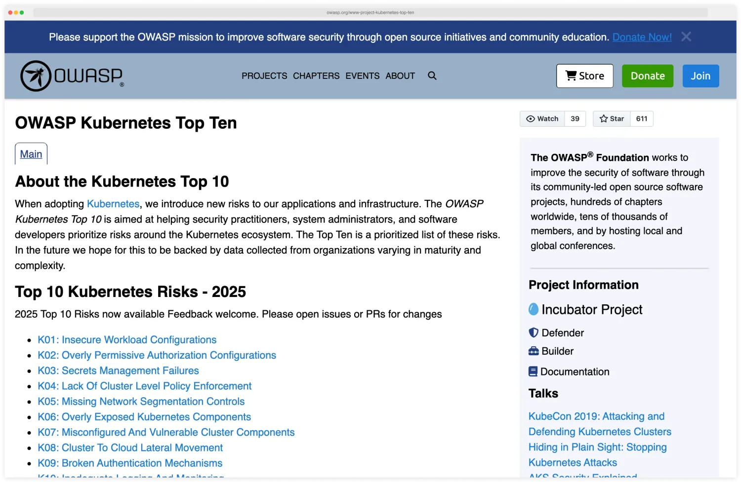 OWASP Kubernetes Top 10 project page listing the 2025 risks K01 Insecure Workload Configurations, K02 Overly Permissive Authorization, K03 Secrets Management Failures, K04 Lack of Cluster Level Policy Enforcement, K05 Missing Network Segmentation, K06 Overly Exposed Components, K07 Misconfigured and Vulnerable Components, K08 Cluster to Cloud Lateral Movement, K09 Broken Authentication, K10 Inadequate Logging and Monitoring — the canonical risk list CNAPP container scanners benchmark against