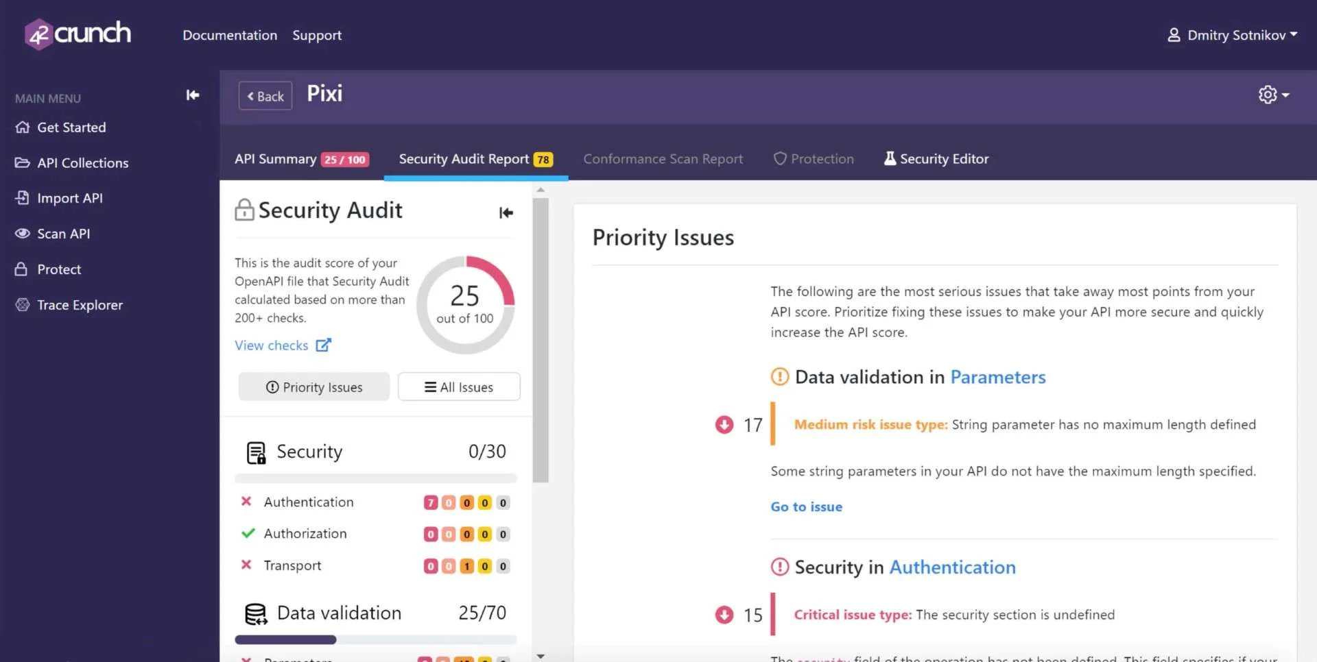 42Crunch Security Audit Report showing API score 25/100 with Authentication and Data validation checks and priority issues panel