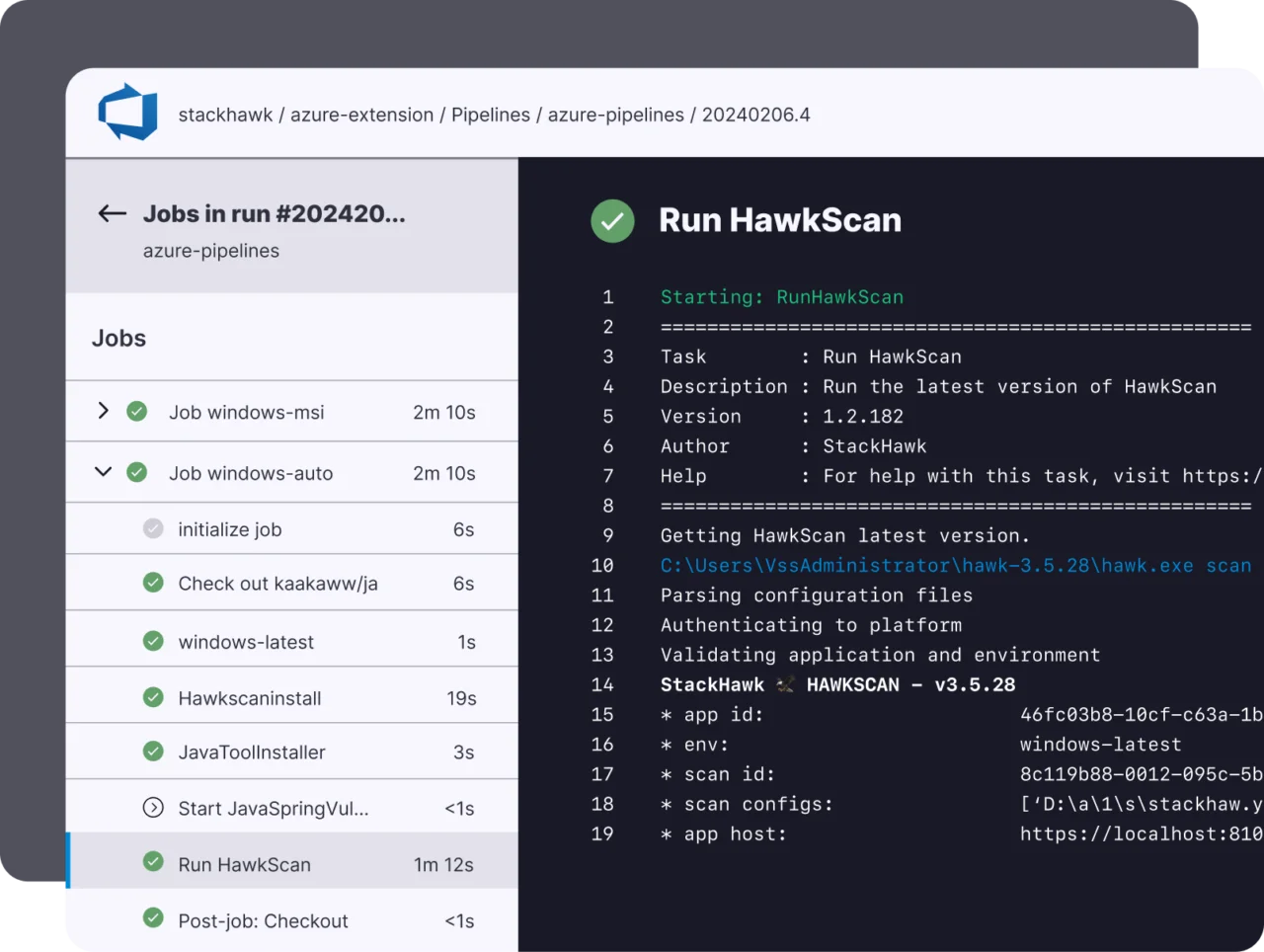 StackHawk dashboard showing scan results with severity breakdown and integration with GitHub Actions pipeline