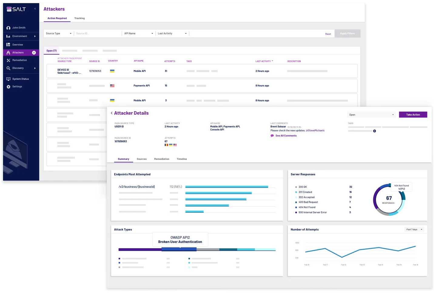 Salt Security Attackers dashboard showing active attacker fingerprints targeting Mobile API and Payments API with OWASP API2 broken authentication classification