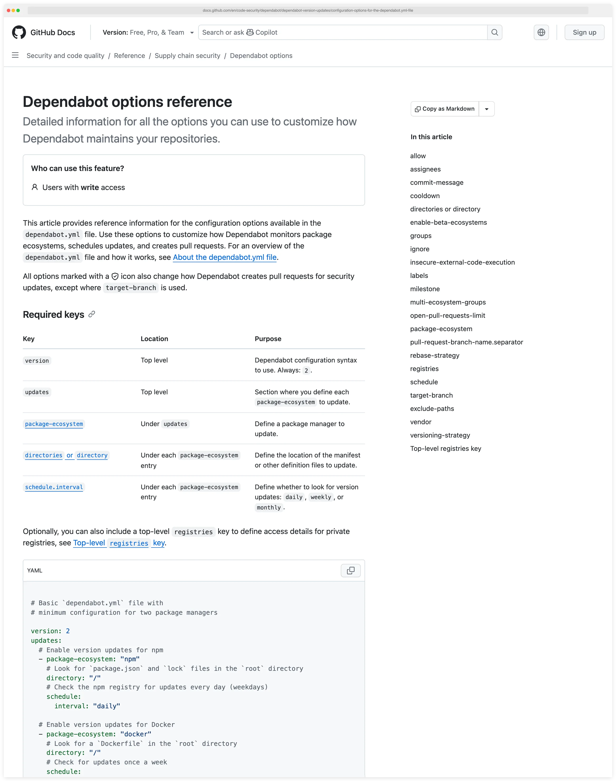 GitHub Docs page showing the configuration options for the dependabot.yml file including package-ecosystem, directory, schedule, target-branch, and groups fields
