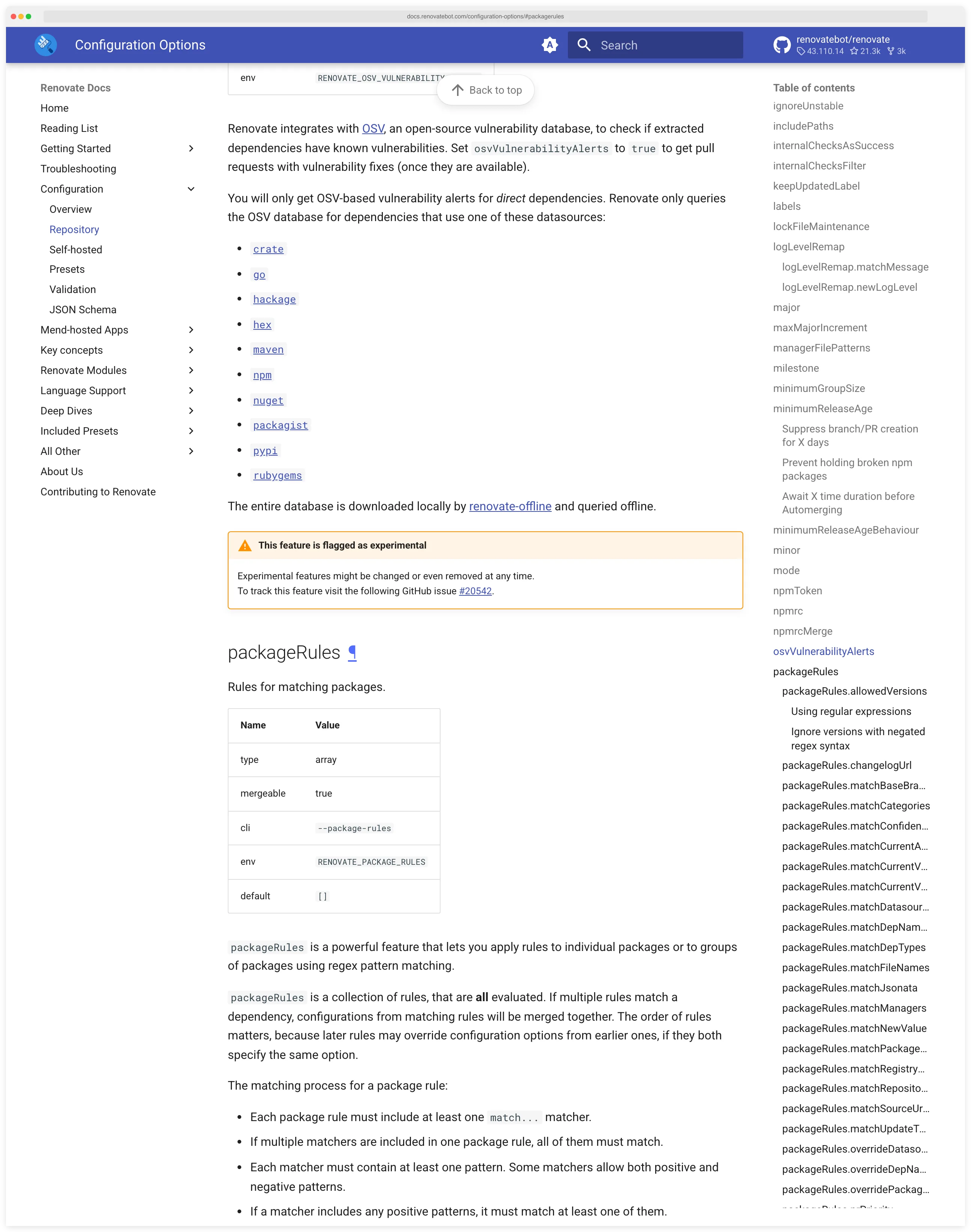 Renovate documentation page showing packageRules configuration with matchPackagePatterns, matchUpdateTypes, automerge, and groupName fields