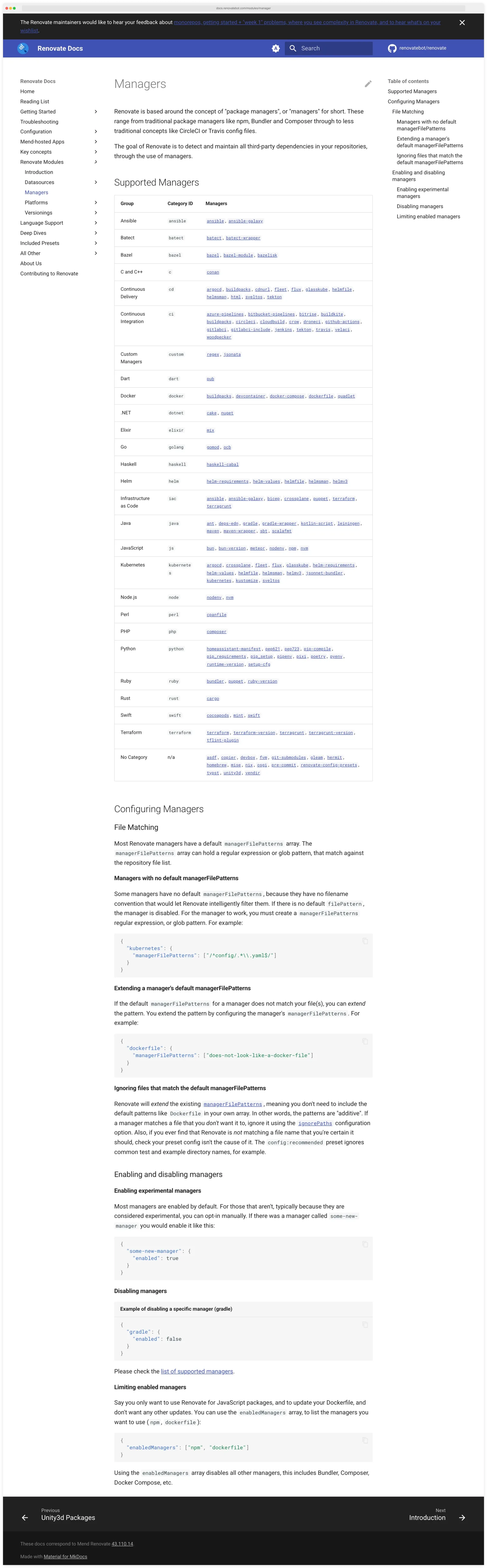 Renovate documentation page listing all supported package managers organized by category — npm, pip, Maven, Gradle, Docker, Helm, Terraform, GitHub Actions, and dozens of others