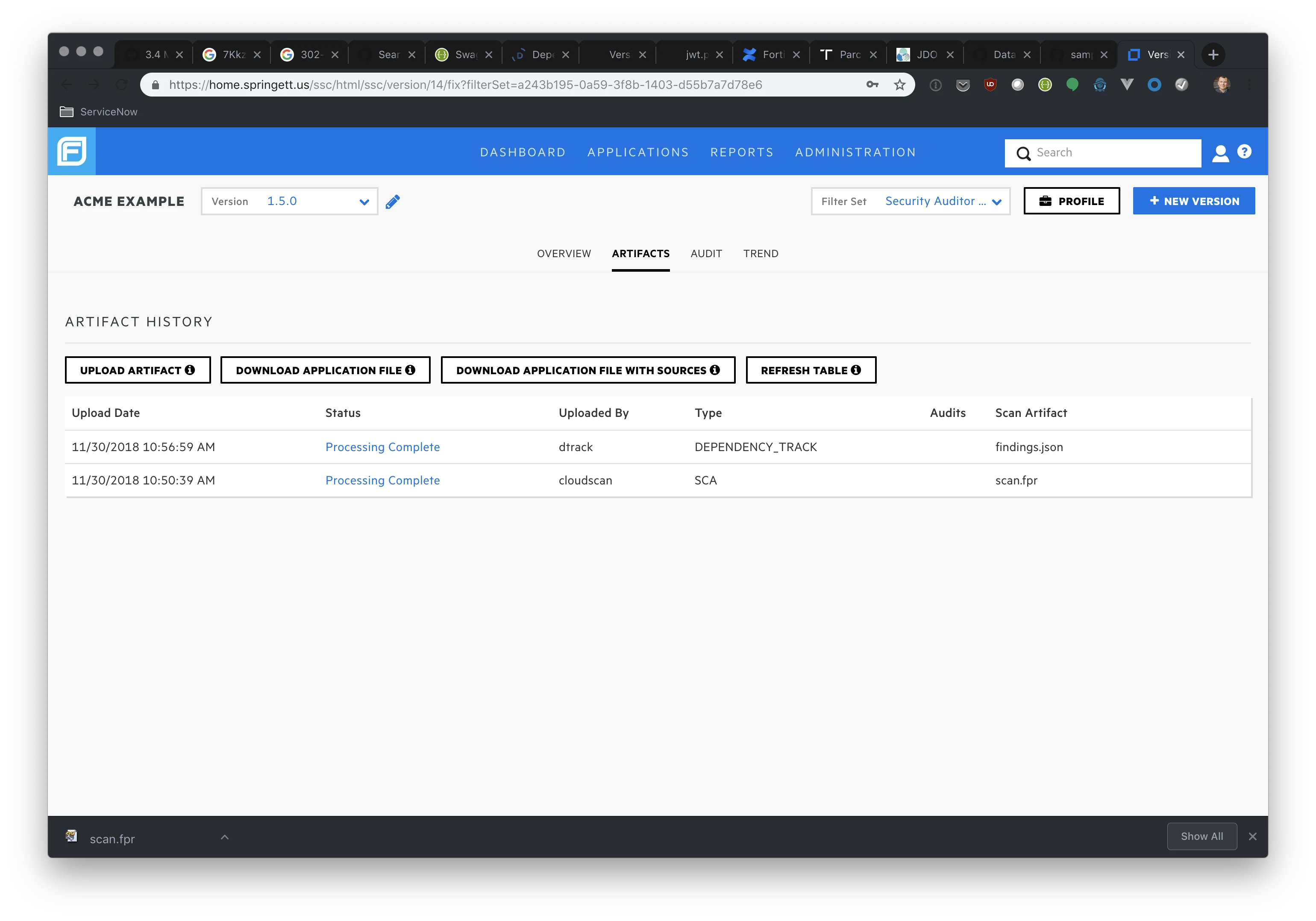 Fortify Software Security Center (SSC) artifacts view showing audited findings for an enterprise project, with severity breakdown and audit status columns