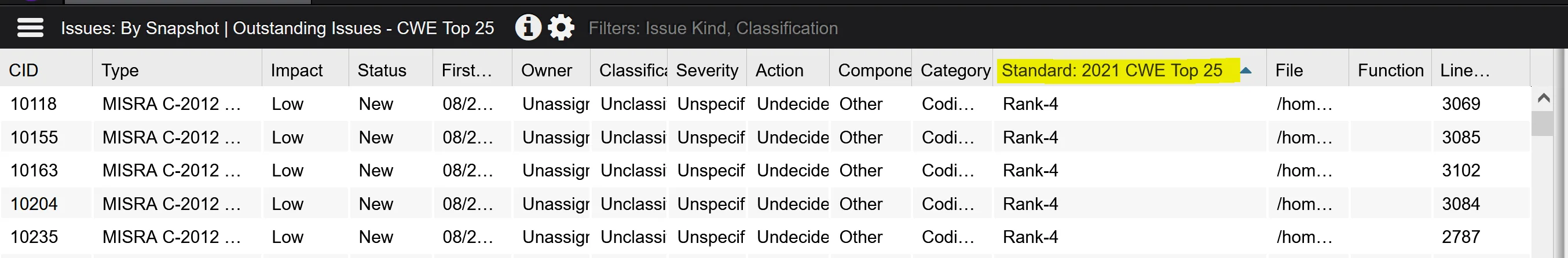 Coverity Connect issues view filtered by CWE Top 25, showing MISRA C findings with severity and ownership columns