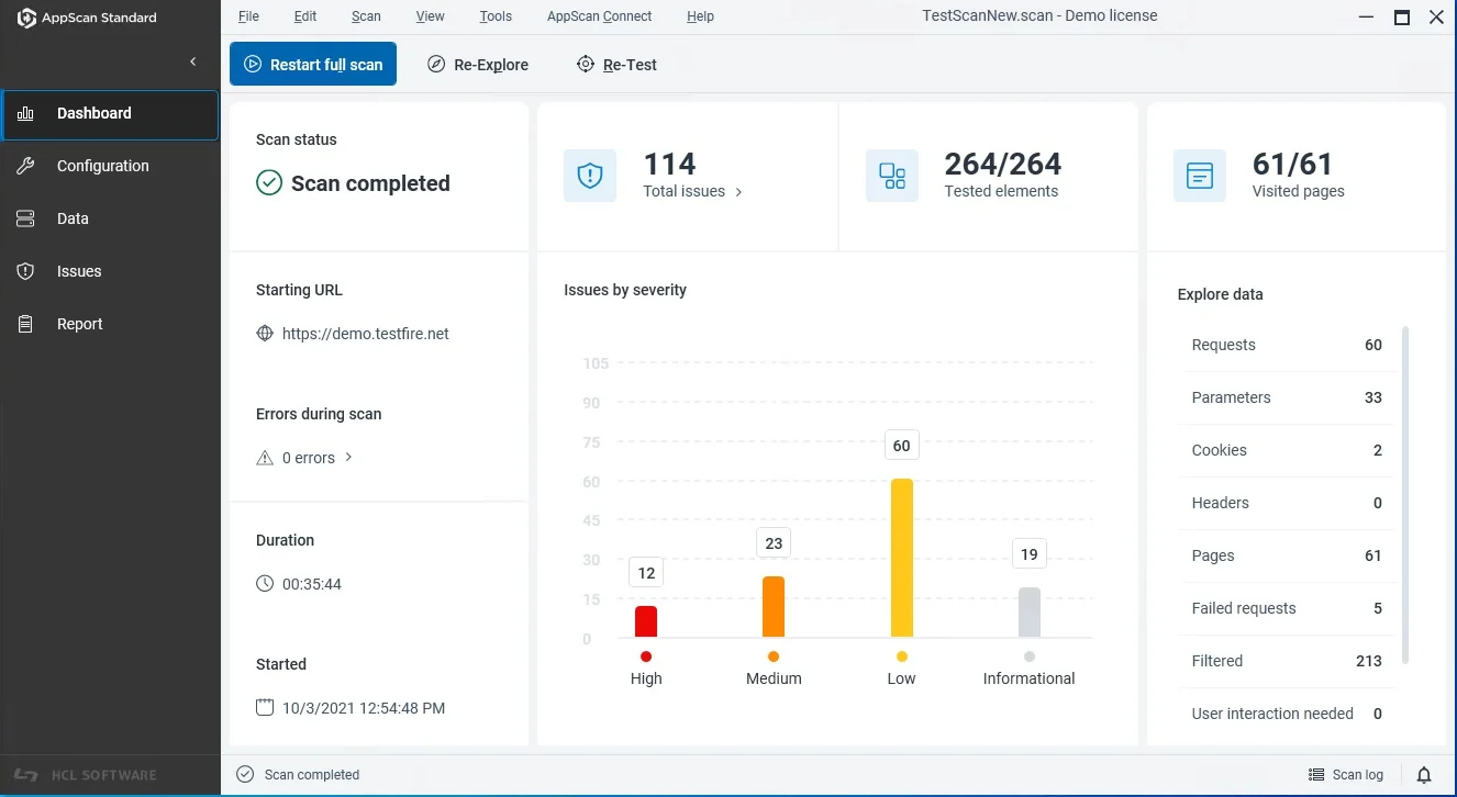 HCL AppScan Standard dashboard showing scan statistics, vulnerability severity distribution, top issue categories, and scan configuration panels
