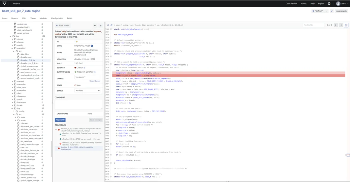Klocwork Validate platform showing code issue findings with severity levels, checker IDs, and remediation details for a C/C++ project