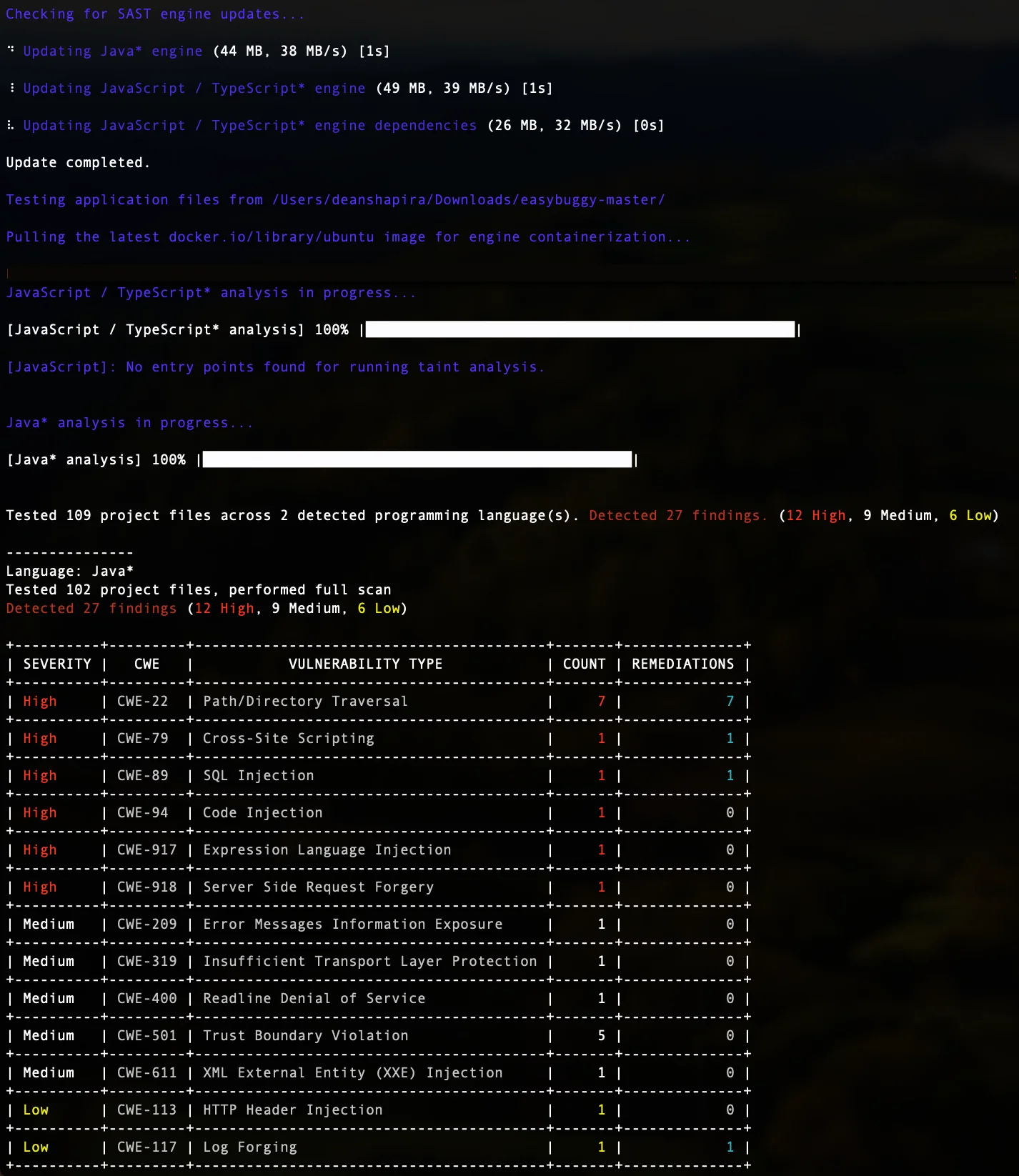 Mend CLI SAST scan results page showing detected vulnerabilities with severity, CWE mapping, affected file paths, and remediation guidance
