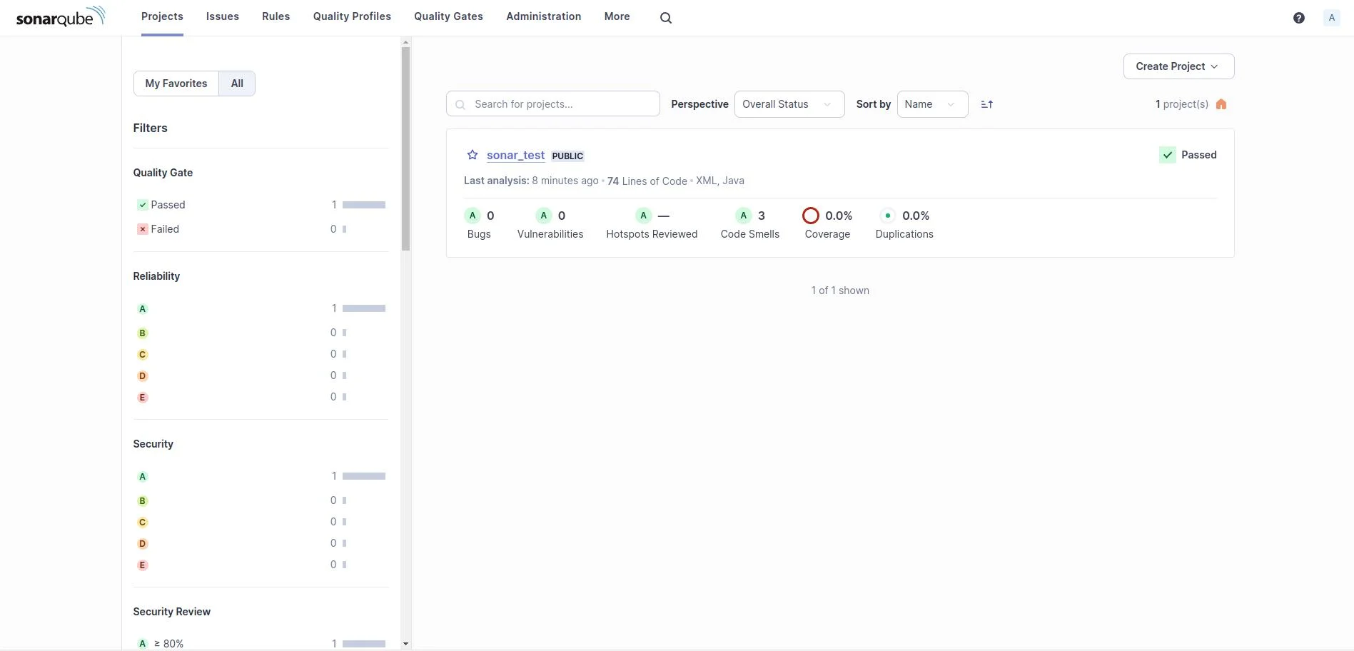 SonarQube Projects view showing a single 'sonar_test' public project with Passed quality gate, 0 bugs, 0 vulnerabilities, 3 code smells, 0.0% coverage, and 0.0% duplications, plus a left sidebar with Quality Gate, Reliability, Security, and Security Review filters