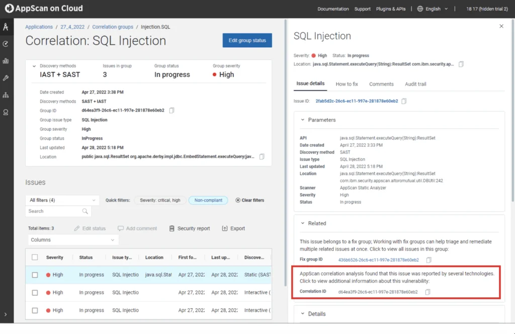 HCL AppScan on Cloud showing the Correlation: SQL Injection view where IAST and SAST findings for the same vulnerability are grouped together, with issue details panel showing severity, status, parameters, fix group ID, and related issues highlighting automatic correlation across different discovery methods