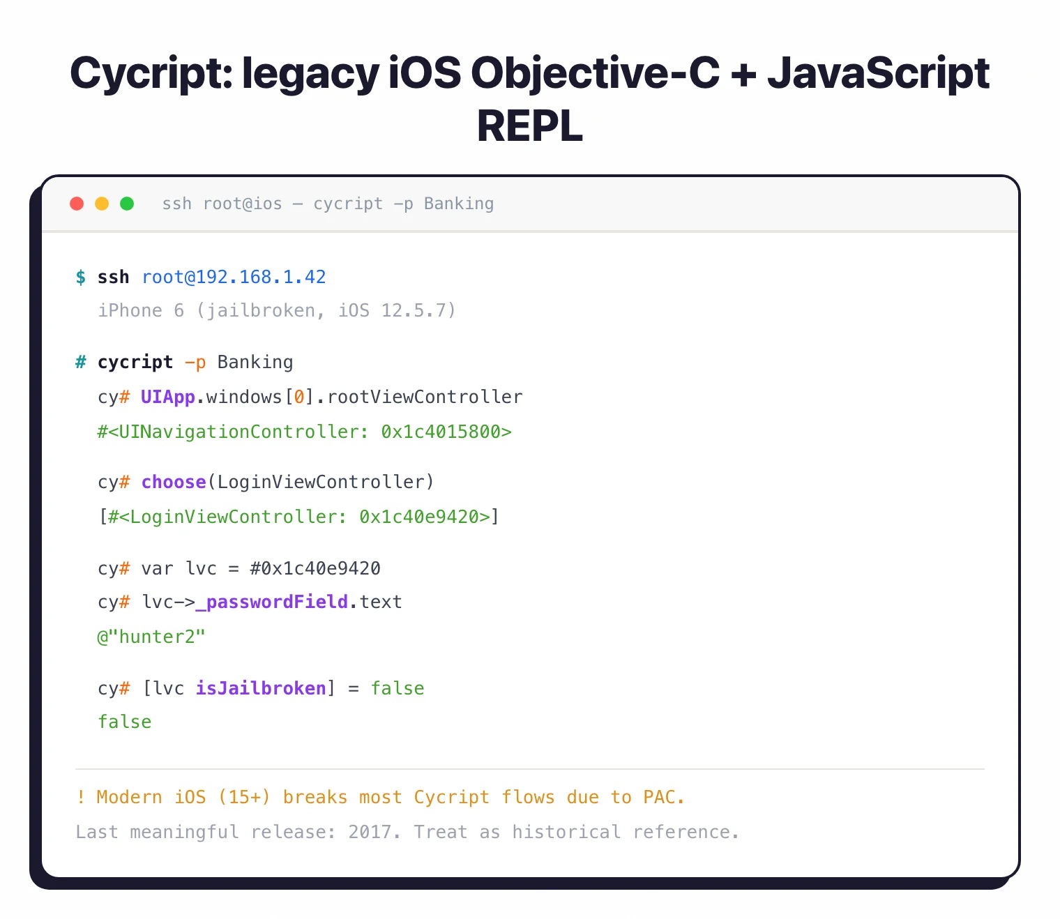 Cycript REPL session over SSH to a jailbroken iPhone 6, walking the UIApp window hierarchy, dumping a password field, and overriding isJailbroken to false