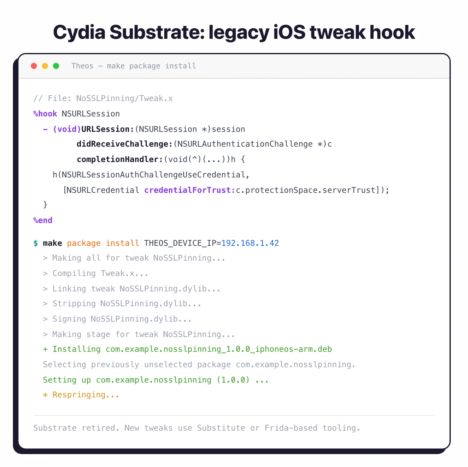Cydia Substrate Logos tweak source overriding NSURLSession SSL pinning, then a Theos make package install run that compiles, signs, and installs the tweak on a jailbroken device