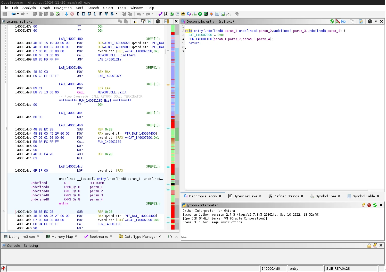 Ghidra CodeBrowser showing the disassembly Listing on the left and decompiled C entry function on the right for re3.exe, with bytes, function graph, and symbol-tree tabs