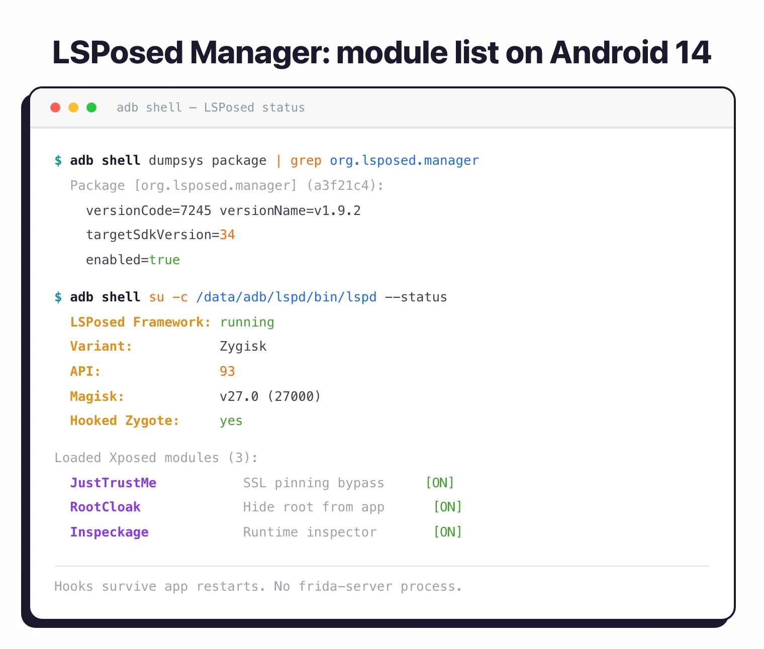 LSPosed status shell output showing Zygisk variant, API 93, hooked Zygote, and three loaded modules: JustTrustMe, RootCloak, Inspeckage