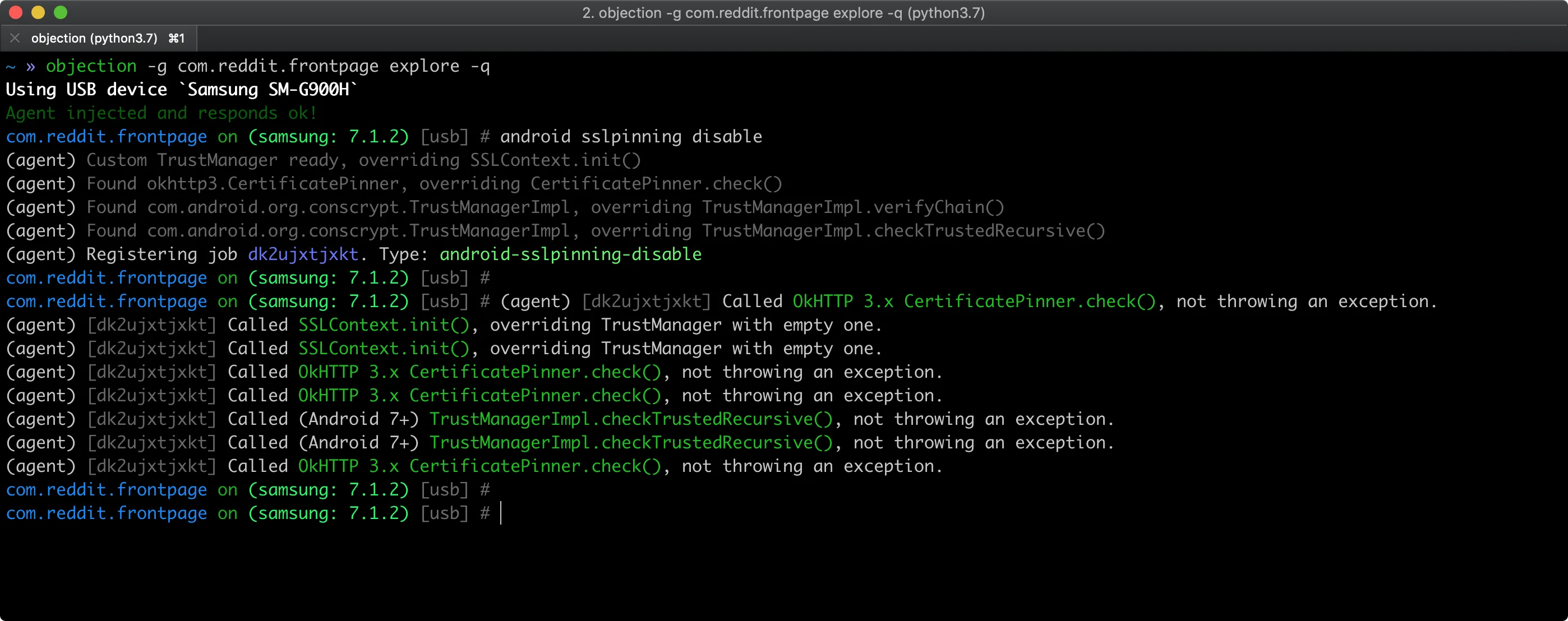 Objection CLI session running android sslpinning disable, showing TrustManagerImpl and CertificatePinner overrides on a Reddit Android app