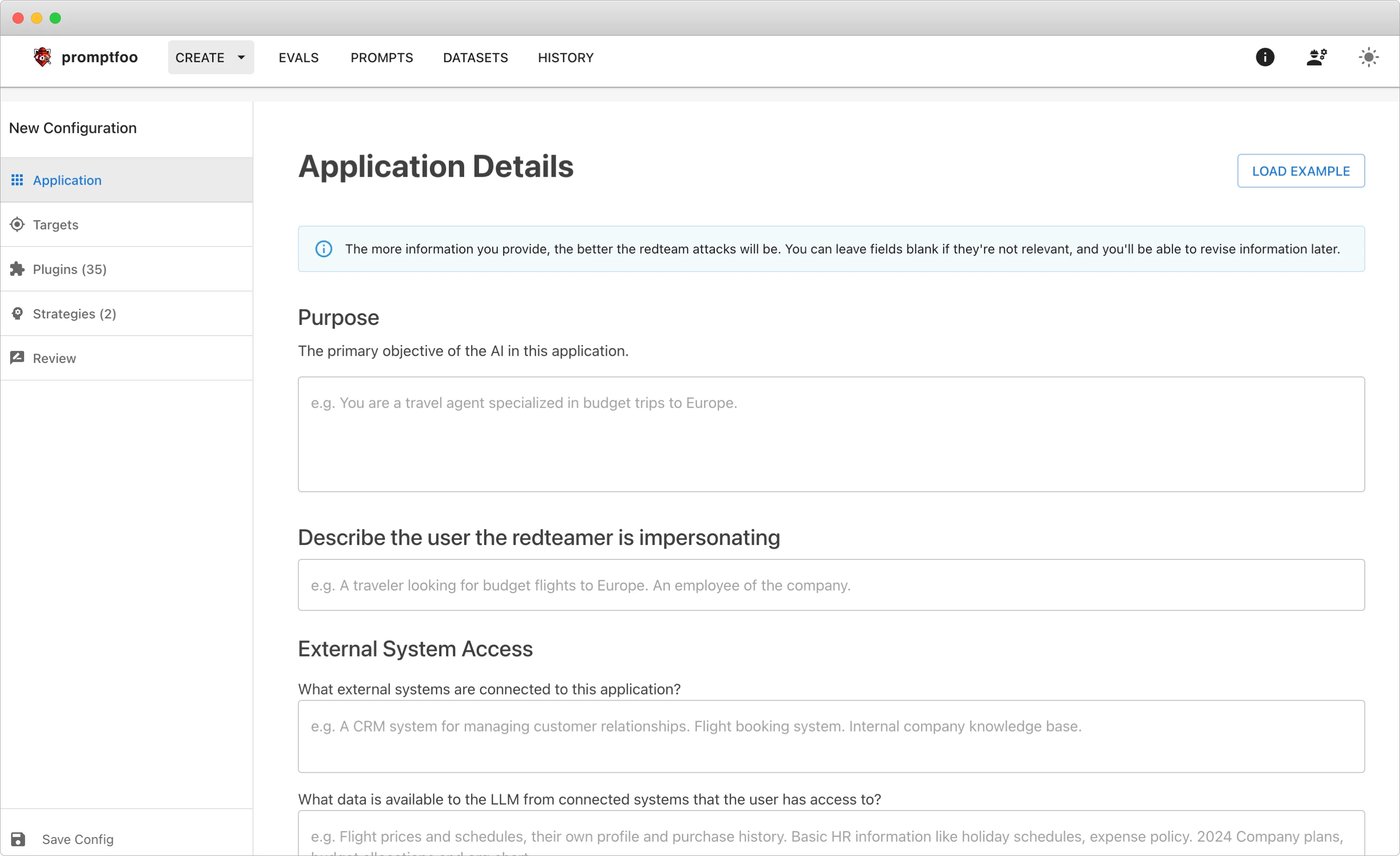Promptfoo red team configuration UI showing the Application Details form where testers describe the target LLM's purpose, user persona, and external system access, illustrating Promptfoo's application-aware testing approach