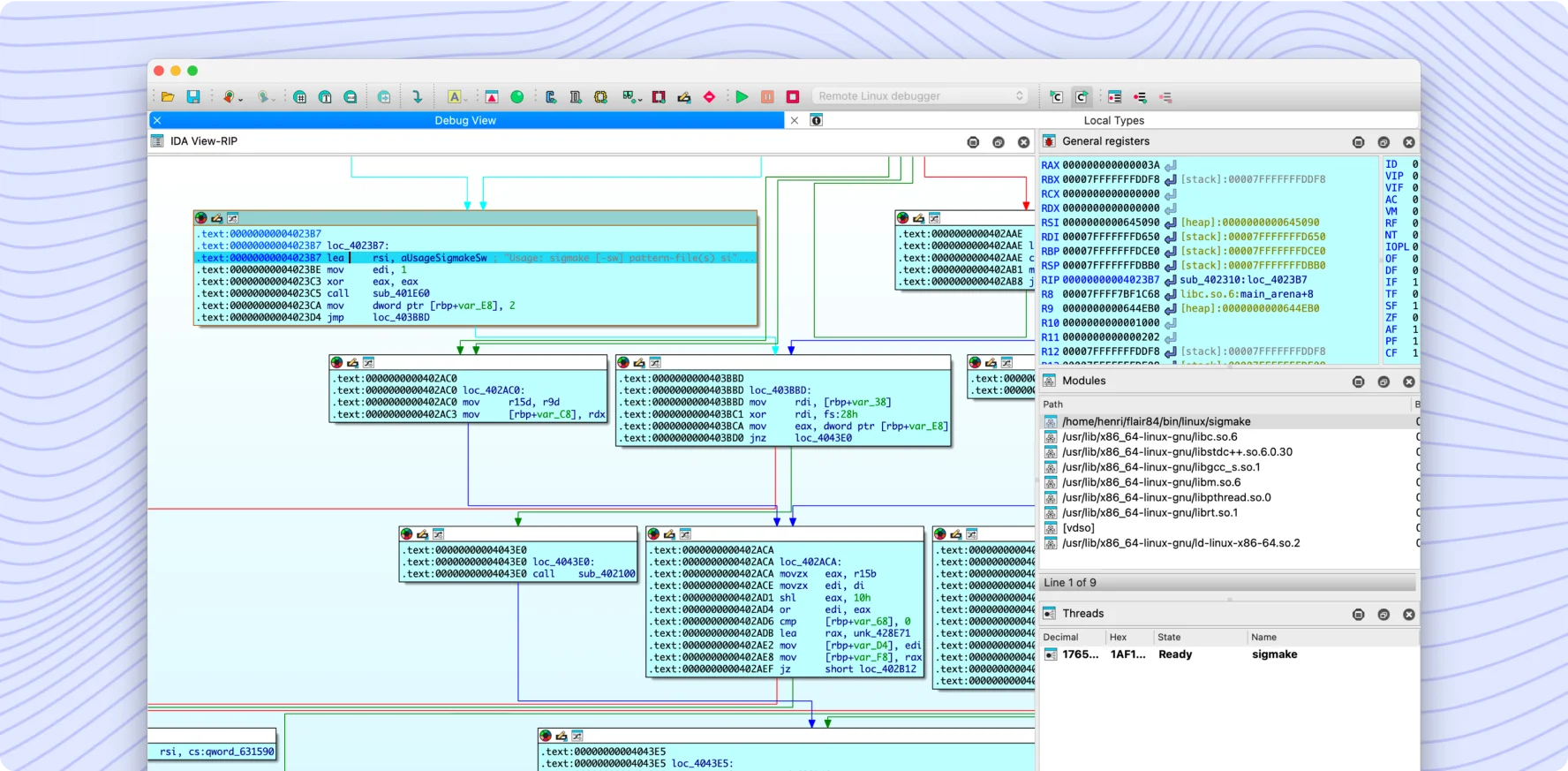 IDA Pro graph view showing disassembled function blocks linked by control-flow arrows, with the Local Types pane and Modules list docked alongside