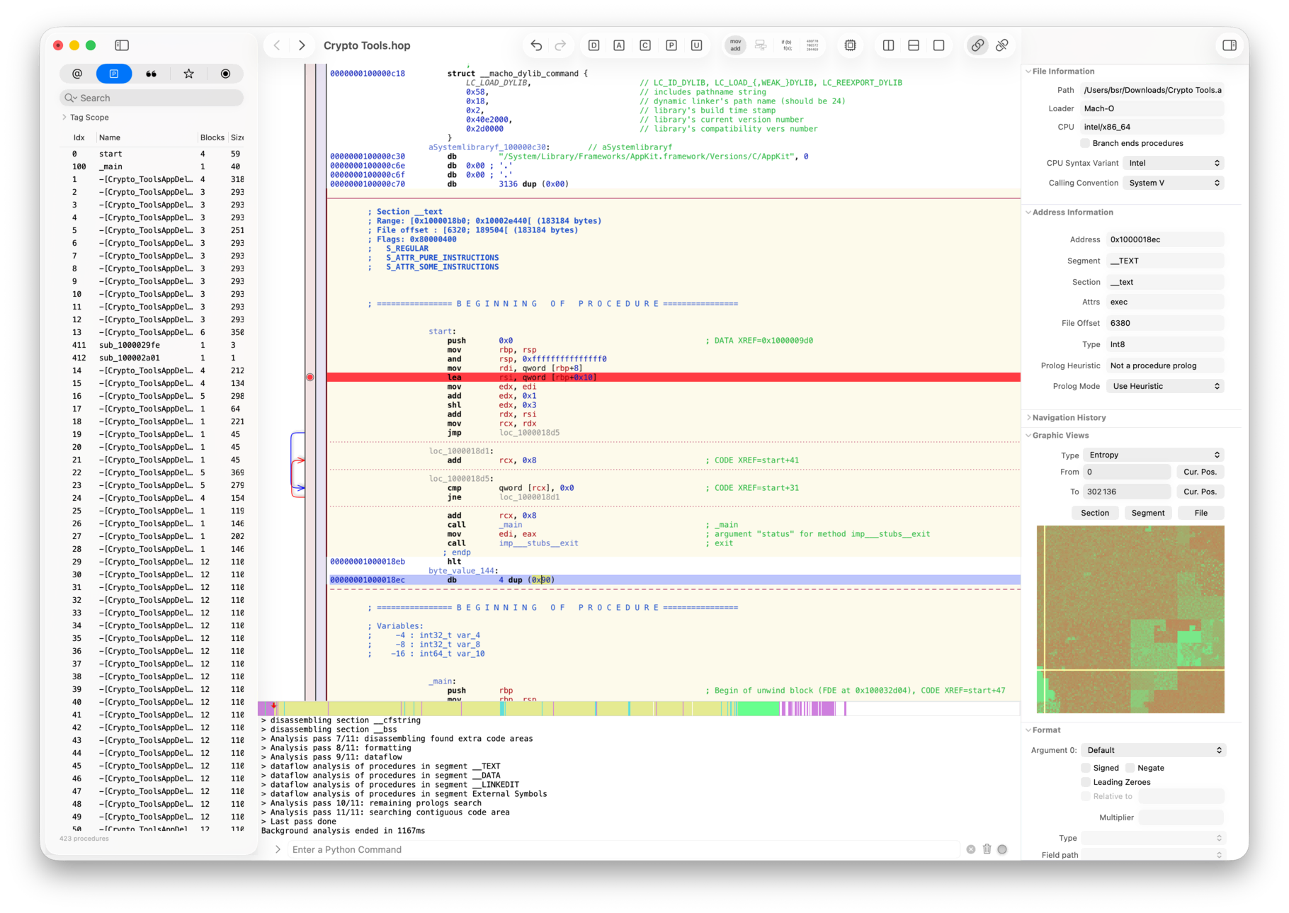 Hopper Disassembler analyzing a Mach-O Crypto Tools binary on macOS with the procedure list, disassembly, and pseudo-code panes side by side