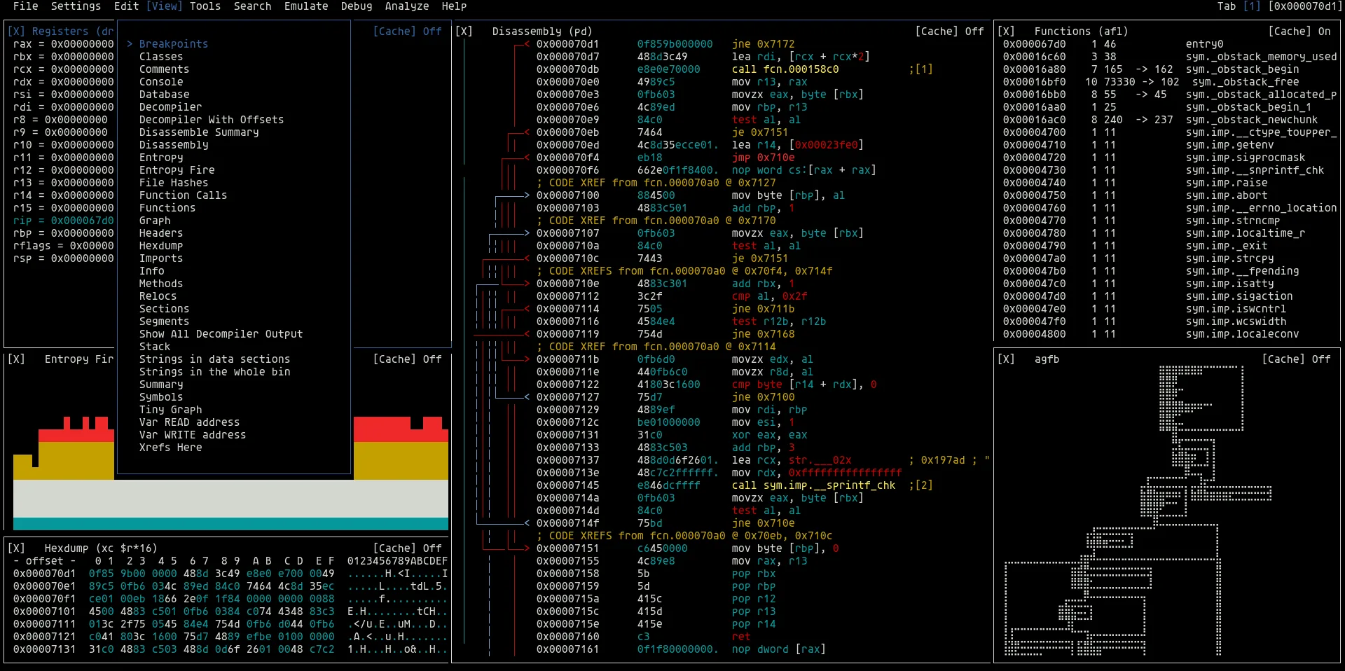 radare2 visual mode in a terminal showing tiled disassembly, function calls, register state, and an ASCII function graph