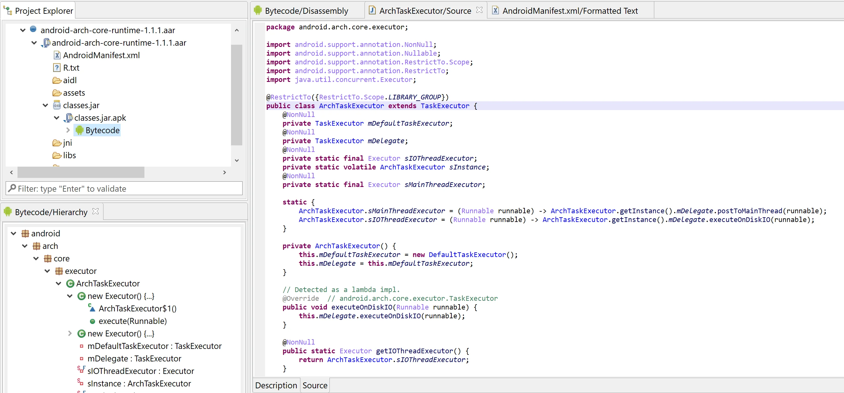 JEB Decompiler showing the ArchTaskExecutor class decompiled from android-arch-core-runtime.aar, with project tree, bytecode hierarchy, and Java source panes