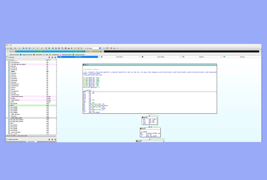 IDA Free interface with the Functions panel listing libc symbols, the disassembly view of __libc_start_main, and a control-flow graph beneath