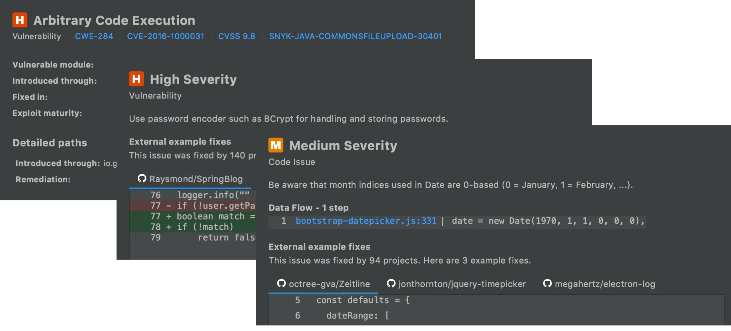 Snyk Code IDE plugin showing vulnerability panels in JetBrains with severity levels, CWE references, data flow paths, and external fix examples