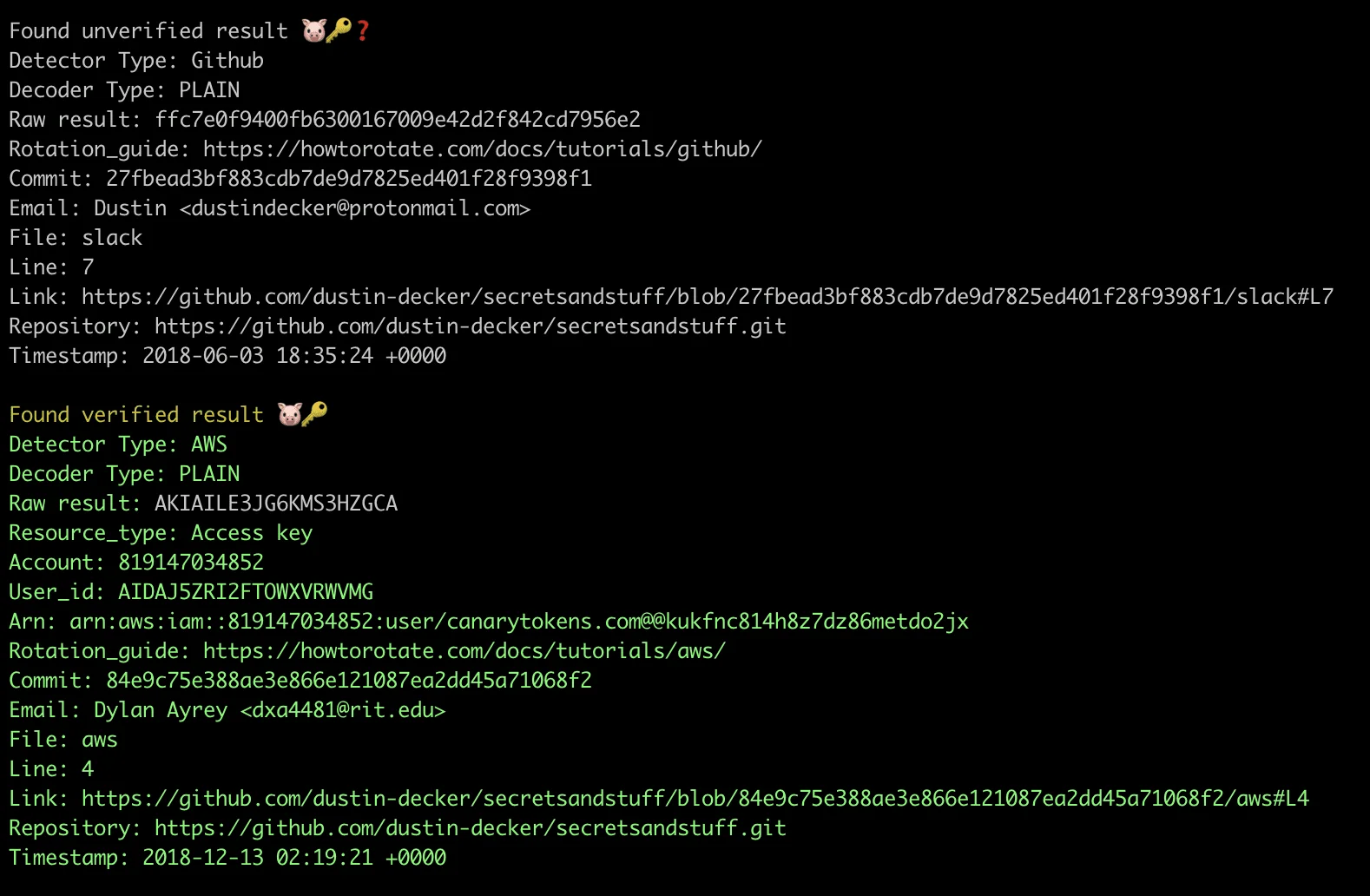 TruffleHog CLI output showing verified and unverified secret findings with detector type and commit metadata