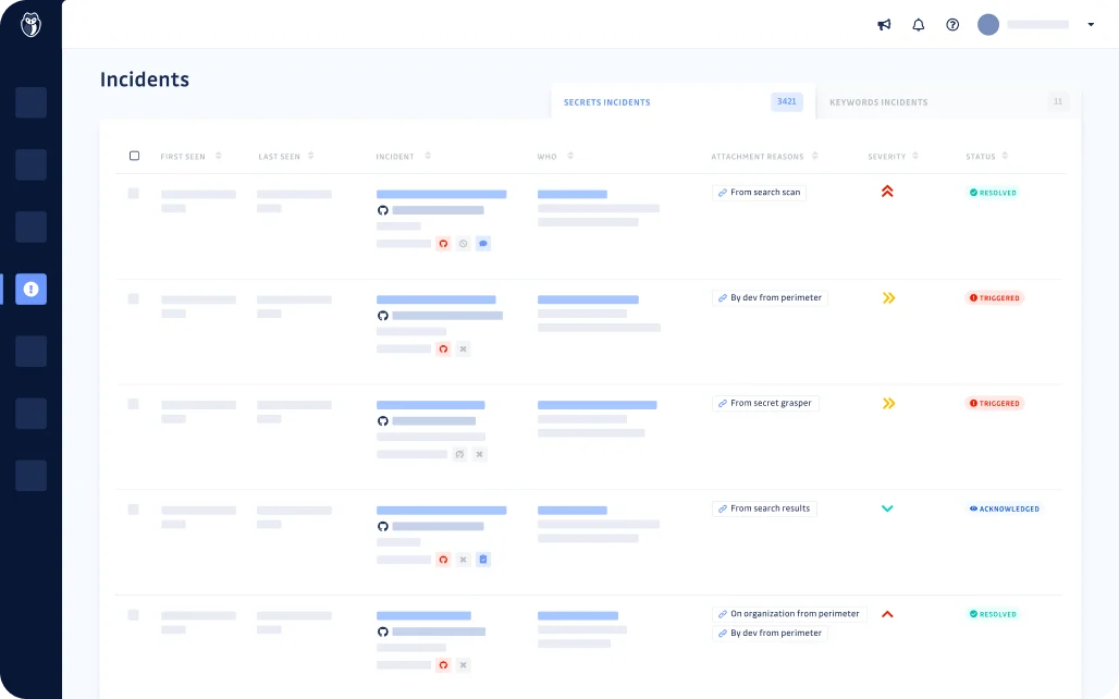 GitGuardian Incidents dashboard showing secrets incidents with severity, status, and attachment reasons