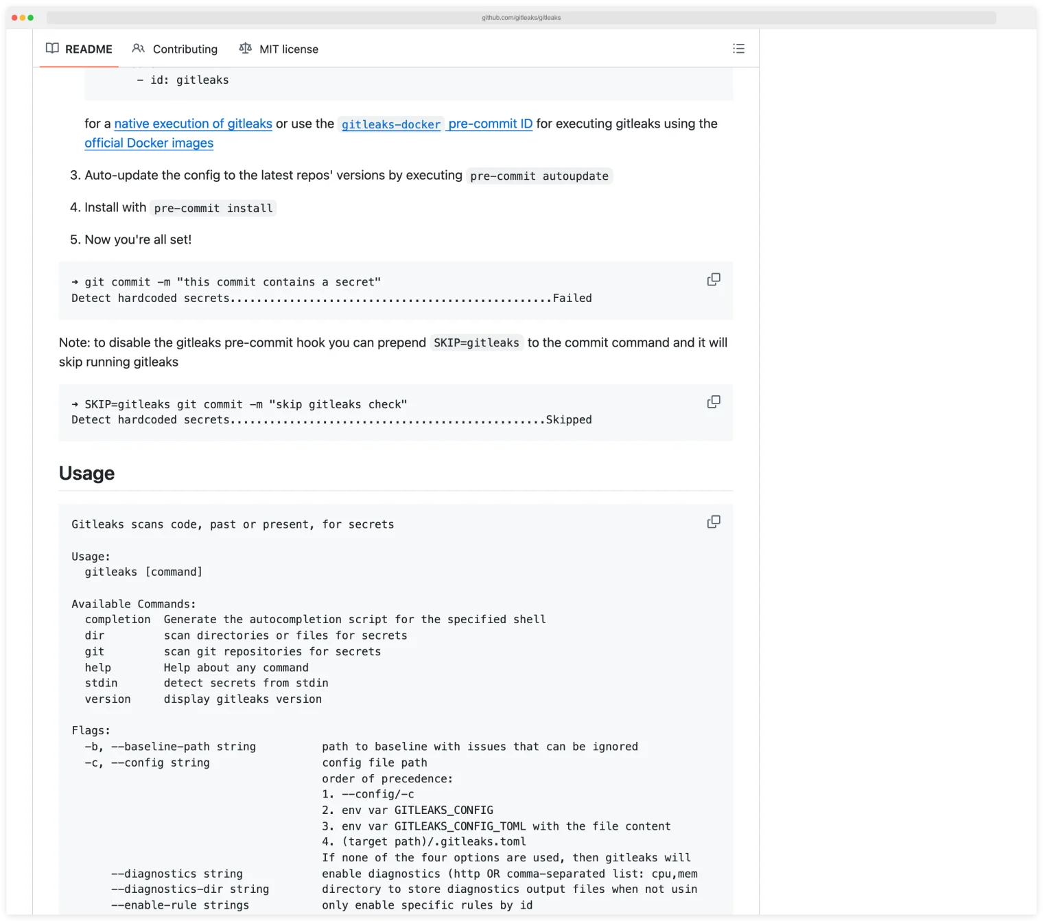 Gitleaks GitHub README Usage section showing the pre-commit hook demo (git commit blocked with 'Detect hardcoded secrets...Failed'), SKIP=gitleaks override, and the full gitleaks CLI command list including detect, dir, git, stdin and version subcommands