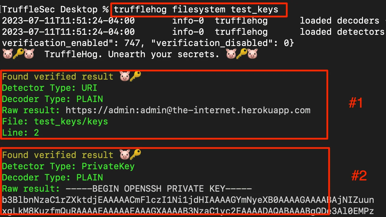 TruffleHog GitHub repository README showing 25,700+ stars, AGPL-3.0 license, and the verified credentials terminal output block demonstrating live AWS key confirmation via --results=verified as of April 2026